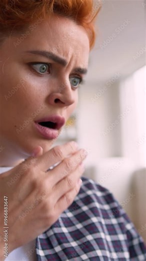 Stressed Caucasian business woman opening envelope reading shocking bad news home worried anxious female girl close open mouth hand letter mail confused indoors unexpected message stress unemployment