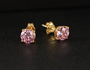 Pink Tourmaline Round Cut Earrings, October Birthstone Earrings, Solid Gold Earrings, Solitarie Silver Earrings, Minimalist Stud Earrings - Etsy