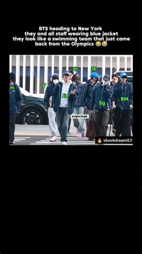 Bts is heading to the new yark & all staff wearing blue jacket swimming teams look like #bts#shorts