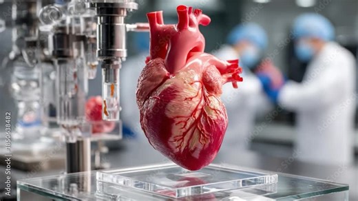 Technological Marvel: A hyper-realistic human heart model takes center stage, an emblem of advanced science, alongside a blur of scientific endeavor and cutting-edge equipment.