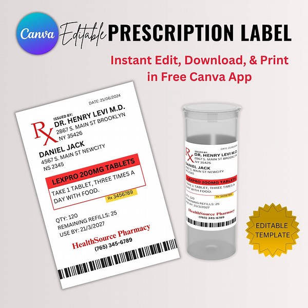 Editable Prescription Label Template | Pill Bottle, Supplement Labels (canva) - Etsy