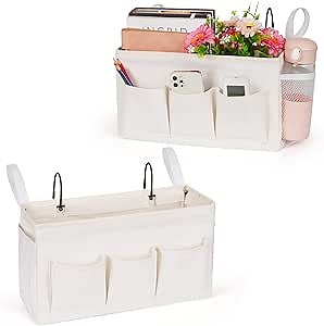 Bedside Caddy Organizer with Fixed Straps and Water Bottle Holder for Home, College Dorm, Hospital, Crib and Bunk Bed (2pcs White)