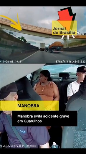 Jornal de Brasília on Instagram: "🚗 Em Guarulhos, na Grande São Paulo, um vídeo gravado por câmera interna de um veículo mostra o momento em que o motorista Ailton Bacelar realiza uma manobra brusca no trânsito. Segundo o relato dele, ao sentir um mal-estar repentino, decidiu frear e deslocar o carro para o acostamento. 🚧 Segundos depois, um forte impacto ocorre à frente, o que poderia ter resultado em um acidente grave. O veículo conduzido por Ailton transportava uma gestante de gêmeos, e a m