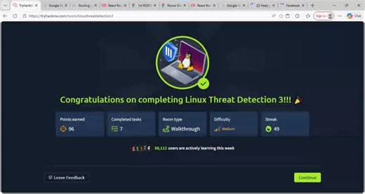 Omughelli Vovwe on Instagram: "I just completed Linux Threat Detection 3 room on TryHackMe. Cover the last stages of attacks on Linux and learn how they look in system logs. tryhackme.com/room/linuxthre… #tryhackme via @realtryhackme"