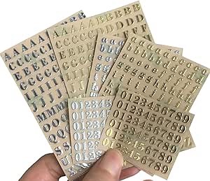 6-Sheet Letter&Number Stickers Mini Self Adhesive Alphabet Stickers Silver/Gold Lettering Stickers for Nails, Resin Pieces, Journaling, Scrapbooking or Card Making (Gold, Silver), s