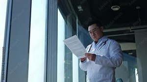 Focused male doctor in glasses holding papers and reading with attention while standing near window. Chinese physician wearing medical coat reviewing patient's medical history before appointment.
