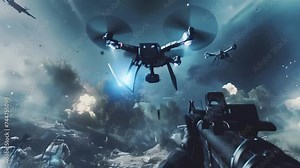 UAV drone flying near 5G cellular antenna during dramatic sunset, communication network. Telecommunication, smart city, Internet of Things