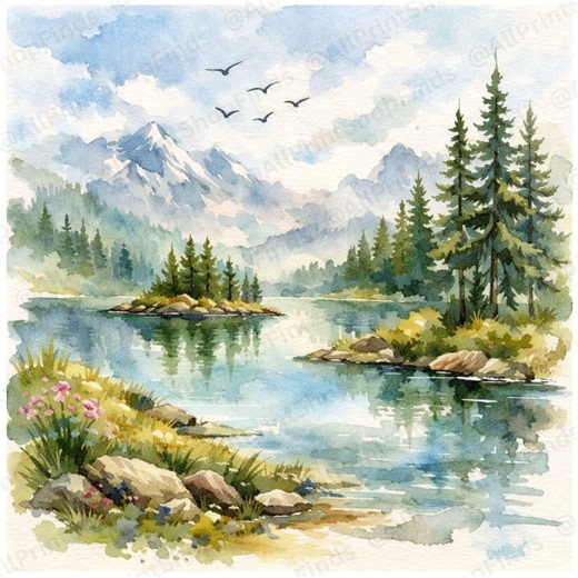 Watercolor Forest Lake Landscape Clip Art (digital Download) - Etsy