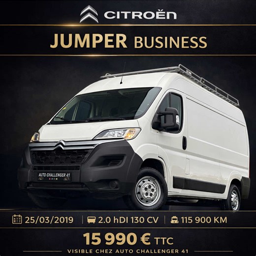 🚐 CITROËN JUMPER BUSINESS — le partenaire idéal pour les pros ! Fiable, spacieux et économique, ce Jumper 2.0 HDi 130 CV est prêt à prendre la route pour vos chantiers comme pour vos livraisons. Un utilitaire propre, entretenu et immédiatement opérationnel 💼 📅 25/03/2019 ⛽ 2.0 HDi 130 CV 📍 115 900 km 💰 15 990 € TTC 📍 Visible chez AUTO CHALLENGER 41 #citroenjumper #utilitaire #vehiculepro #autochallenger41