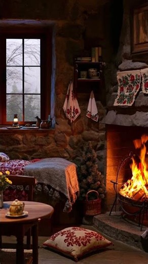 Cozy Snowy Cabin Bedroom ❄️ Fireplace & Peaceful Winter Escape #logcabin #cozyvibes #snow