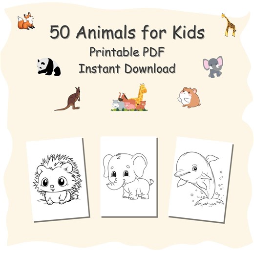 50 Animals Coloring Pages for Kids | Printable PDF | Easy Animal Drawings | Instant Download - Etsy
