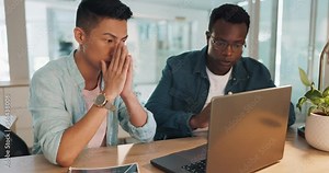 Team, laptop and conversation stress working on tech report, frustrated planning strategy or website glitch error. Frustrated business people, 404 and cloud service crash or web burnout anxiety
