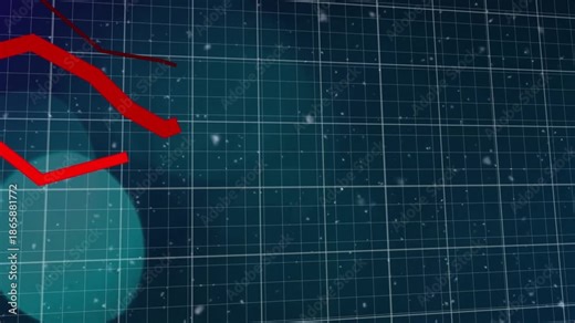 Digital animation shows declining red stats on a global business tech interface.