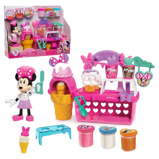 Disney Junior Minnie Mouse Sweets & Treats Shop, 16 Piece Pretend Play Food Set with 3 Modeling Compounds and 6 inch Minnie Mouse Figure, Kids Toys for Ages 3 up