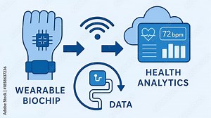 Wearable biochip technology transmits health data wirelessly to cloud analytics enabling real time monitoring of heart rate and vital signs with advanced digital health tools for continuous health