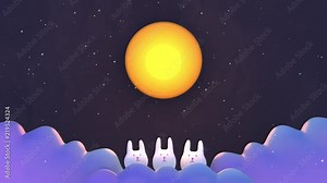 Chinese Mid Autumn Festival animation. Cute rabbits under big full moon. Stock Video