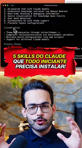 ⚠️ Todo mundo fala: “usa skill no Claude” Mas quais? 🤔 Eu testei centenas e trouxe as 5 melhores pra iniciantes. Se você usar essas aqui já sai na frente de 90% das pessoas. #ia #claude #skills #inteligenciaartificial