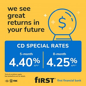 ⏰Get 4.40% or 4.25% APY1 for a limited time on a Certificate of Deposit 📈 We see great returns in your future 🏦 Open an account at your local financial center Learn More: https://bankatfirst.com/personal/bank/cd.html ------ First Financial Bank. Member FDIC. | First Financial Bank