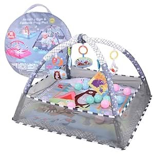 Bebamour Baby Play Mat - Baby Gyms & Playmats Mat Washable, Baby Activity Center with 5 Hanging Toys & 18 pcs, Gift for Newborn Toddler Infant (Light Grey)