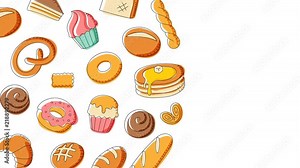 Bakery moving pattern background cartoon hand drawing illustration isolated on white background seamless looping animation 4K, with center copy space