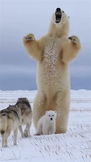 Arctic Standoff: Polar Bear vs Wolf Pack! 🐻‍❄️🐺 #animals