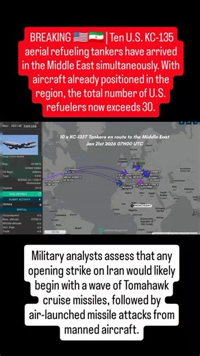 BREAKING 🇺🇸🇮🇷 | Ten U.S. KC-135 aerial refueling tankers have arrived in the Middle East simultaneously. With aircraft already positioned in the region, the total number of U.S. refuelers now exceeds 30. Each KC-135 can refuel up to four combat aircraft at once, meaning this tanker force could sustain around 120 fighter jets in the air simultaneously. If each aircraft is armed with two air-launched cruise missiles, that translates to a potential payload of roughly 240 missiles. Military anal