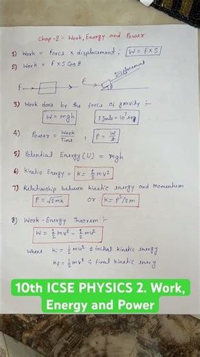 10th ICSE PHYSICS 2. Work, Energy and Power Important Formula #icse #10th #workenergyandpower