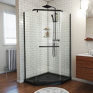 DreamLine Prism 40 inch D x 40 inch W x 74 3/4 inch H Frameless Neo-Angle Pivot Shower Enclosure in Matte Black with Black Shower Base Kit
