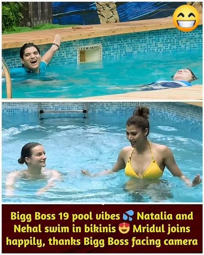 Thought Ful on Instagram: "The swimming pool in Bigg Boss 19 turned into a blockbuster scene tonight 🔥. Natalia and Nehal raised the glam factor in bikinis, enjoying a refreshing swim 💦😎. As soon as Mridul spotted Natalia inside, he rushed, changed his outfit and jumped straight into the pool 🤩. Between laughter, splashes, and playful energy, one moment stood out, Mridul looked straight at the camera and cheekily said, “Thank you Bigg Boss” 😂🌊. This light-hearted fun instantly became the h
