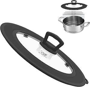 Vented Tempered Glass Universal Lid for Pot Pan Skillet with Heat Resistant Silicone Rim Microwave Splatter Lid Cover Microwave Safe Fit 9.5“ 10” 10.5“ 11” Cookware, Dishwasher Safe Black