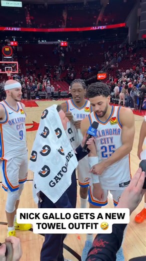 As they celebrate 5-straight wins, the Thunder styles Nick Gallo with another towel-chic outfit ⚡🧖🏻‍♀️ #NBAPhilippines #NBASpotlight | NBA Philippines