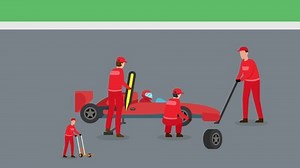 Pit stop workers animation doing fix service for a racing car during competition event. Cartoon in 4k resolution