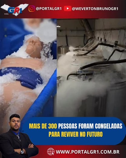 PORTAL GR1 on Instagram: "❄️ Em várias partes do mundo, centenas de pessoas apostaram na ideia de uma segunda vida. Atualmente, mais de 300 corpos estão preservados em tanques de nitrogênio líquido a –196 °C, aguardando a possibilidade de serem revividos no futuro. 🧊🧠 A criônica é um processo radical: o sangue é substituído por uma substância crioprotetora para impedir que o corpo se rompa com o congelamento. Uma prática que mistura ciência, esperança e muita controvérsia. ⏳✨ Os v