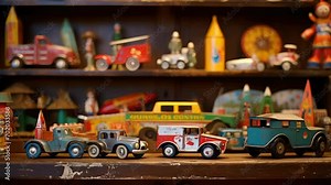 A group of old, tin toys on a dusty shelf, each one carrying its own story and connection to the past. Objects from our childhood can hold sentimental value and trigger feelings of nostalgia,