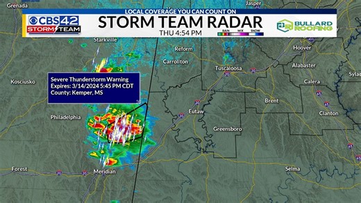 Severe thunderstorm warning for storm in Kemper County, MS with large hail and gusty winds. It is moving NE and will impact Sumter County, AL soon. | Chief Meteorologist Dave Nussbaum
