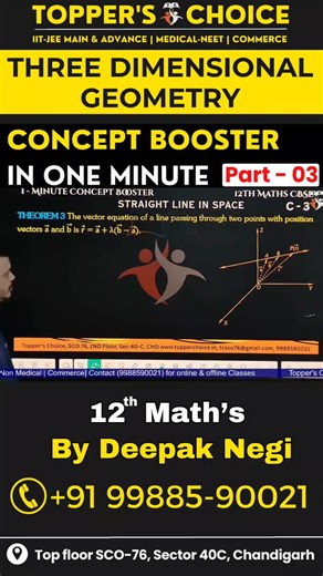 Toppers Choice on Instagram: "3D Geometry 🔥 | Straight Line in Space | Part 3 📘 Theorem 3: Agar ek straight line 👉 do points se pass karti ho Is reel me samjhaaya gaya hai 👇 ✔ Line through two points ka vector form ✔ Direction vector ka meaning ✔ CBSE & JEE ke liye important concept 📚 Class 12 Maths (CBSE/JEE) ke liye must-know 🔥 👉 Reel ko save karo 👉 Series ko follow karo for next parts — Deepak Sir | Topper’s Choice Coaching #ThreeDimensionalGeometry #3DGeometry #VectorEquationOfLine #