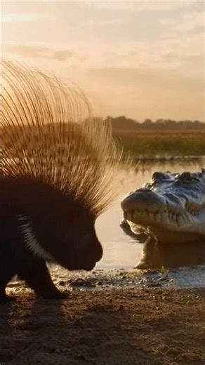 Porcupine vs Crocodile 😳 | Tiny Defender Stands Its Ground 🐗🐊 #shorts