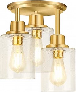 Semi Flush Mount Ceiling Light, 3-Light Close to Ceiling Light Fixtures, Brass Gold Finish Kitchen Light Fixtures with Clear Seeded Glass Shade Patriot Lighting for Entryway Porch Hallway Foyer