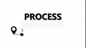 Business process flow timeline with the word PROCESS, showing step-by-step icons for vision, goals, marketing, feedback, and business growth in a clean minimal black and white flat design.