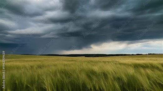 Dramatic storm clouds gathering over a windswept wheat field under a dark, moody sky