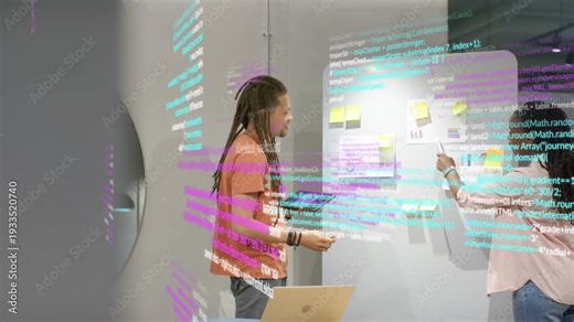 Team using tablet placing notes on plan board for tech sync, tablet sparking code overlaying