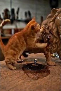 a small orange tabby cat “carving” a gigantic wooden lion in a dusty workshop