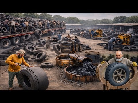 Old Tire Recycling & Repair Factory 😱 | Oil Extraction, Big Cut Repair & Retreading Process”
