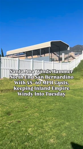 Inland Empire Community News on Instagram: "🚨💨 How are you all holding up out there? North end San Bernardino winds (Verdemont/Devore–Cajon Pass foothills) are getting the brunt of today’s Santa Ana pattern, with strong northeast gusts that can hit 45–60 mph in wind-prone pockets—especially near passes and below foothills—through Tuesday afternoon (Dec. 30). Across the greater Inland Empire, breezy to locally strong offshore winds are still expected, with many valley areas seeing 15–25 mph sus
