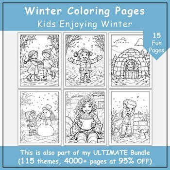 Winter Coloring Pages: Kids Enjoying Winter: Relaxing Coloring for Kids & Adults
