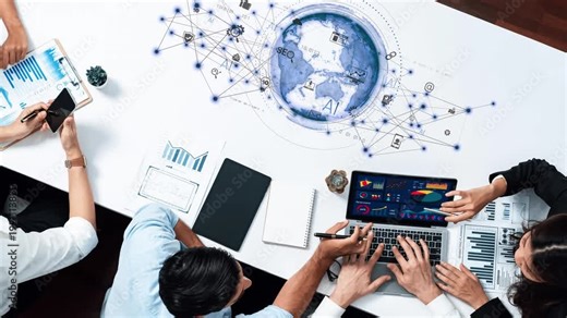 A diverse team collaborates over a stylish office table, engaged in strategy discussions while visualizing data on digital devices. An inspiring scene of teamwork and innovation. Raster