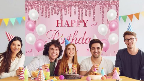 Uiorgui Pink Birthday Banner - Happy Birthday Banner Backdrop Decorations Sign Party Supplies