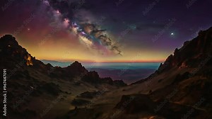 The dreamy animation of floating clouds and a sky full of galactic stars evokes the mysterious atmosphere of a clear-sky fantasy story.