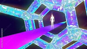 looped 3d animation of hiking along a rainbow path inside a moving 4-dimensional figure