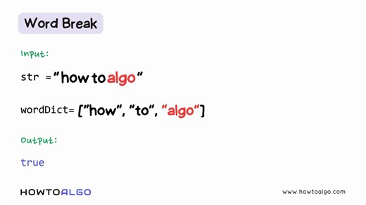 HowToAlgo on Instagram: "🚀 𝐖𝐨𝐫𝐝 𝐁𝐫𝐞𝐚𝐤 𝐏𝐫𝐨𝐛𝐥𝐞𝐦 - 𝐂𝐚𝐧 𝐘𝐨𝐮 𝐒𝐩𝐥𝐢𝐭 𝐭𝐡𝐞 𝐒𝐭𝐫𝐢𝐧𝐠? Today on 𝐇𝐨𝐰𝐓𝐨𝐀𝐥𝐠𝐨, we decode one of the most popular interview questions: 𝐂𝐚𝐧 𝐚 𝐬𝐭𝐫𝐢𝐧𝐠 𝐛𝐞 𝐬𝐞𝐠𝐦𝐞𝐧𝐭𝐞𝐝 𝐢𝐧𝐭𝐨 𝐯𝐚𝐥𝐢𝐝 𝐝𝐢𝐜𝐭𝐢𝐨𝐧𝐚𝐫𝐲 𝐰𝐨𝐫𝐝𝐬? Using Brute Force vs Dynamic Programming, we walk through dry runs and show why DP wins with an efficient O(n²) solution. If “howtoalgo” → “how + to + algo” ✔️ …your string is breakable! 👨‍💻 Master strin